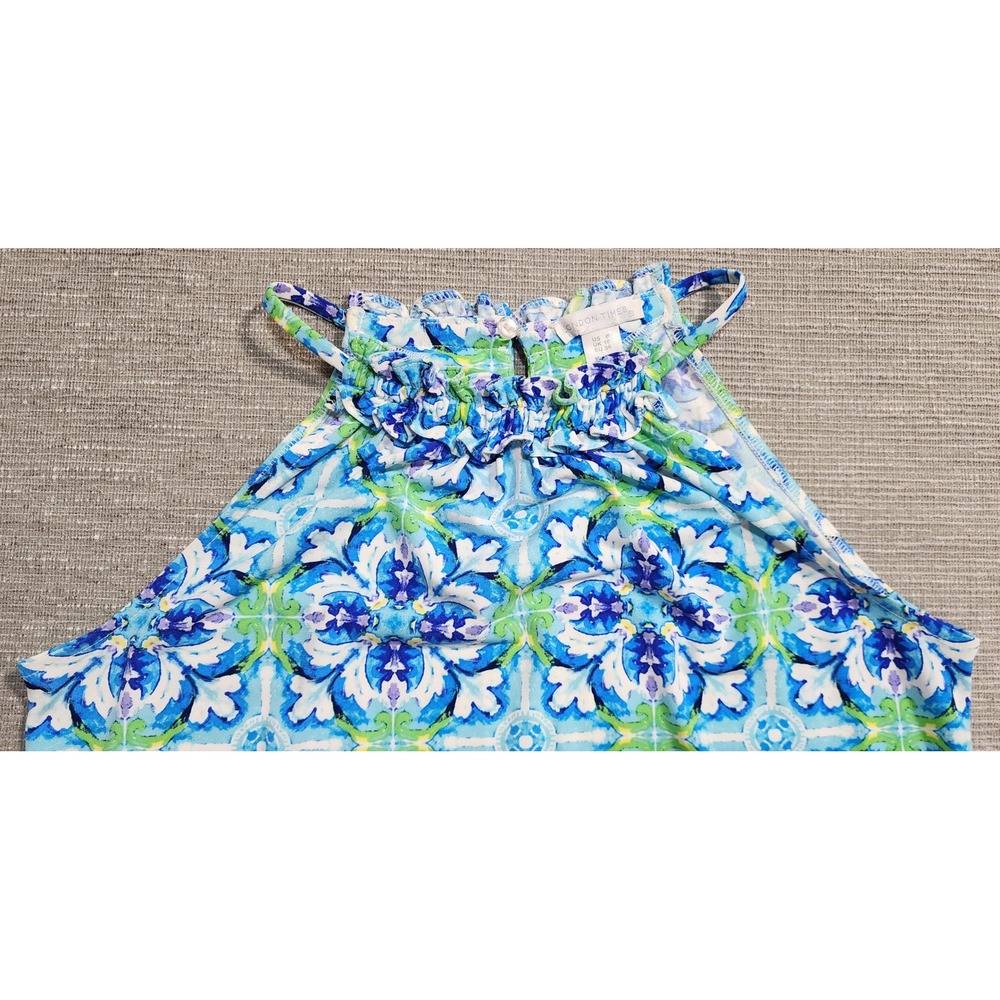 London Times Blue Green Tile Print Ruffle Halter Shift Dress Womens Size 6 - Picture 2 of 11